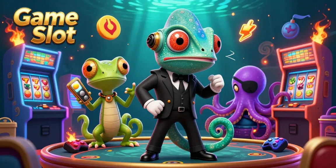 Engage with Game Slot excitement featuring a vivid casino scene with colorful arcade elements and engaging characters.