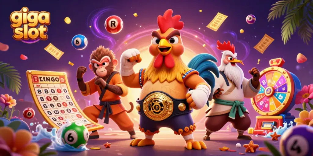 Permainan giga slot yang menampilkan karakter ayam Muay Thai, monyet Shaolin, dan bangau dalam ilustrasi 3D yang dinamis.