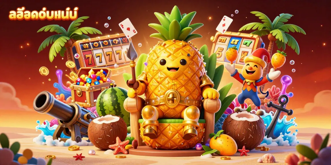 Experience the excitement of สล็อตออนไลน์ with a golden pineapple king on a fruit throne, immersed in rich casino elements.