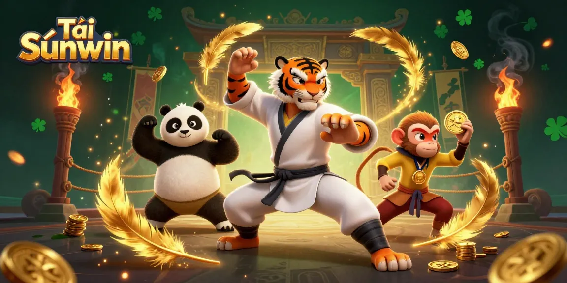 Engage in thrilling gameplay with Tải Sunwin, featuring a kung fu tiger, panda disciple, and monkey stealing gold.