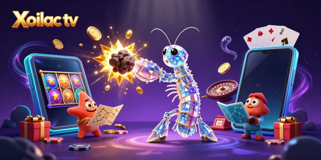 Xoilac tv features a colorful, dynamic casino scene with a galactic mantis shrimp and gaming elements.
