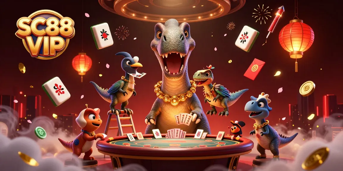Experience SC88 VIP action in a fantastical 3D casino scene with dinosaurs and vibrant gaming elements.
