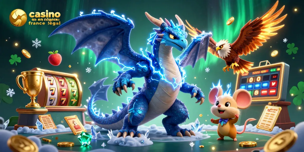Jouez avec casino en ligne France légal dans une illustration 3D dynamique de dragon et de chance.