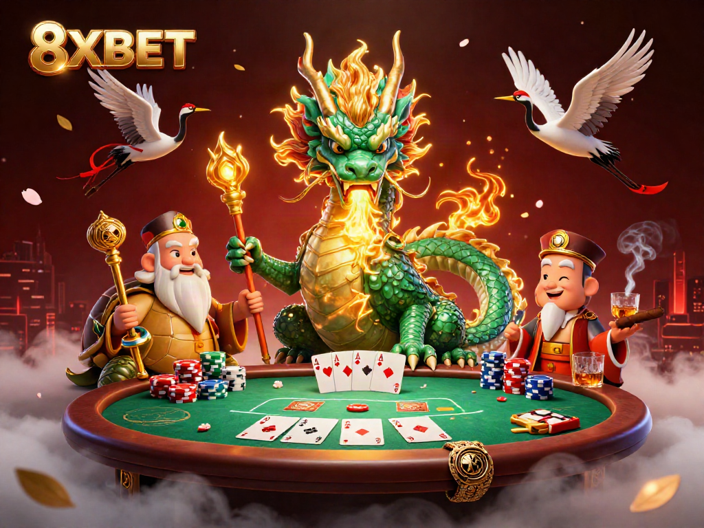Engage in thrilling gameplay with 8XBET, featuring a vibrant dragon, sage, and poker elements!