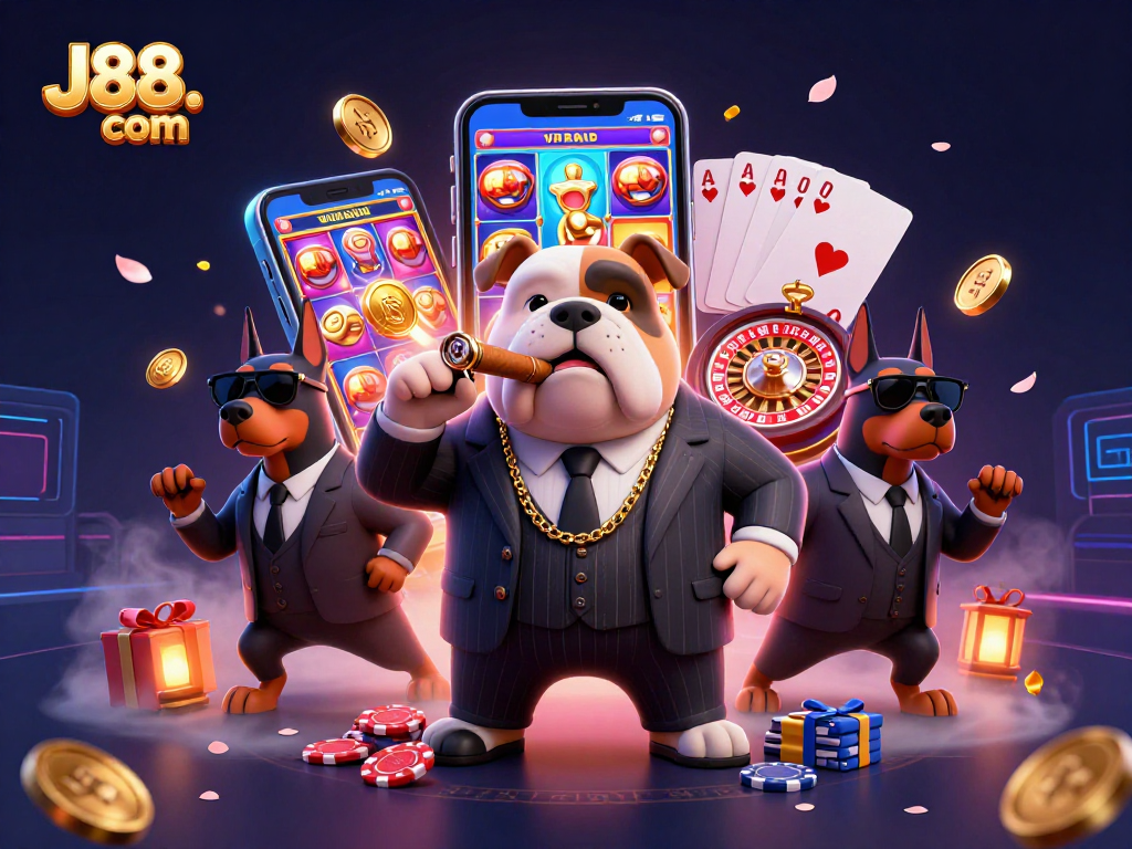 Experience thrilling gameplay at J88. com through a vibrant casino adventure featuring a mafia bulldog and bodyguards.