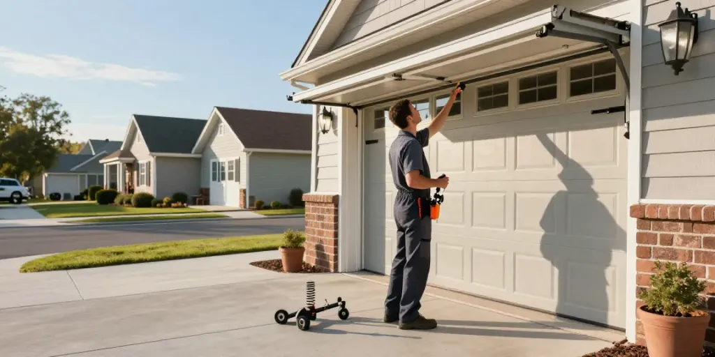 b&d garage door repair technician inspecting a garage door in Embleton.