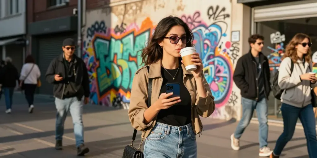 Jovem mulher usando óculos de grau estilosos em rua vibrante da cidade.