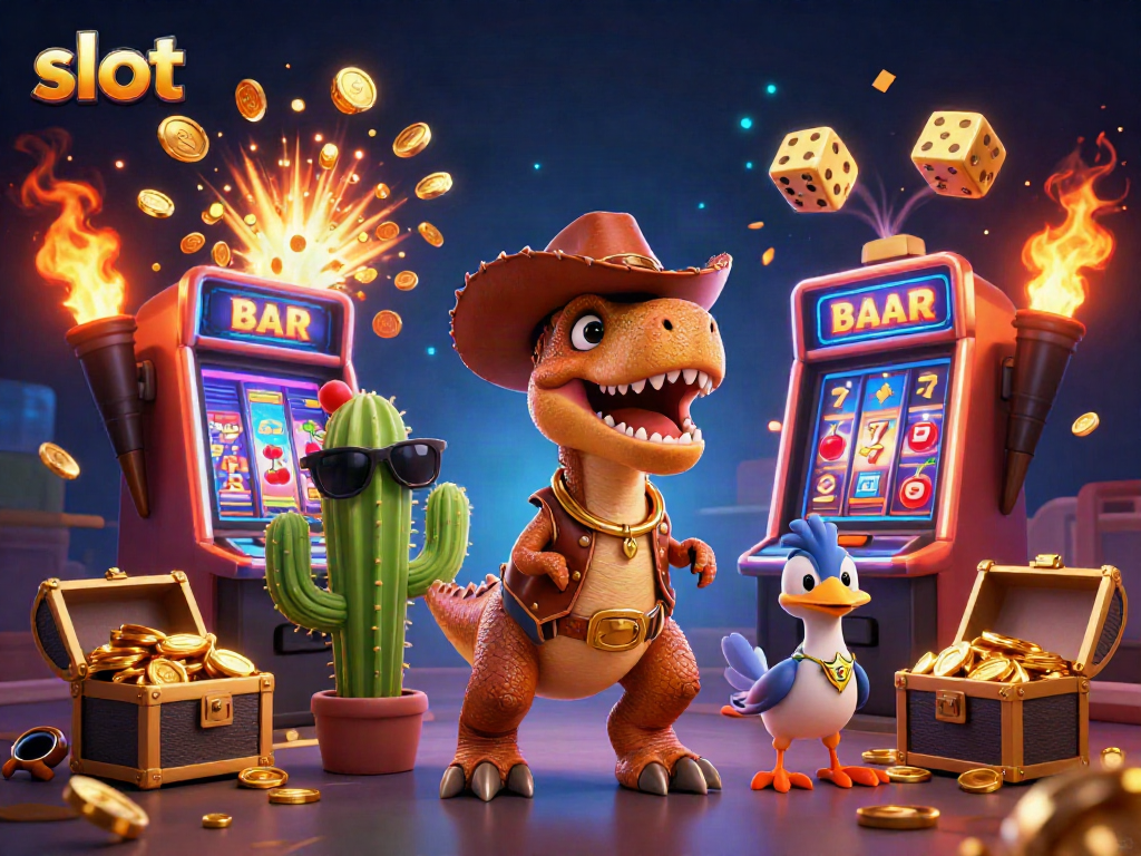 Spin slots with epic jackpots in vibrant 3D casino scene featuring T-Rex and friends.