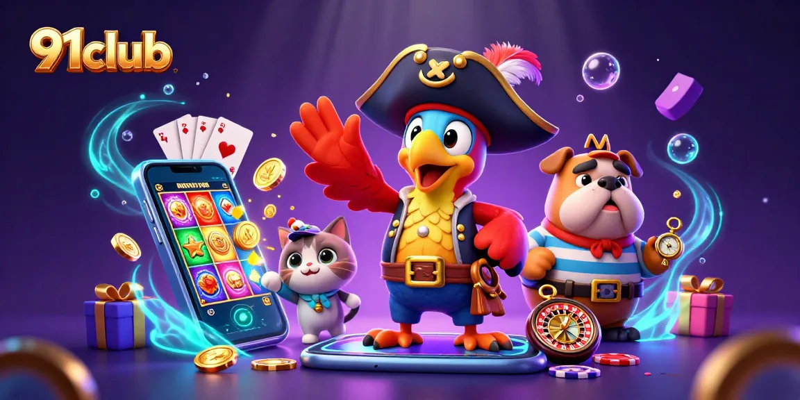 91club engages in fun gaming with colorful slot action, surrounded by vibrant characters.