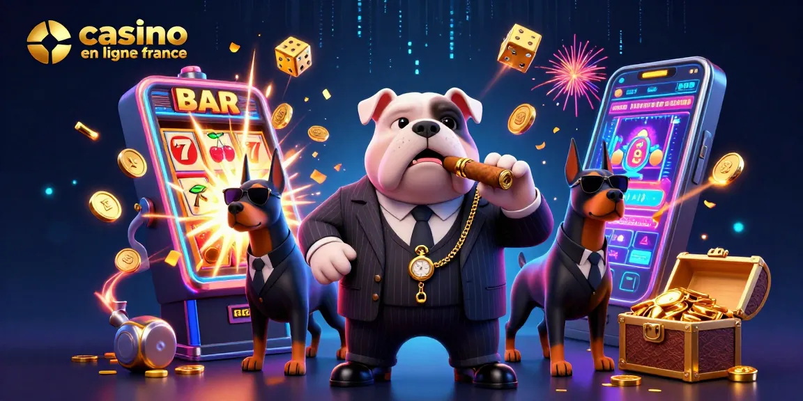 Illustration dynamique de casino en ligne France avec un bulldog mafieux et machines à sous explosant en gains.