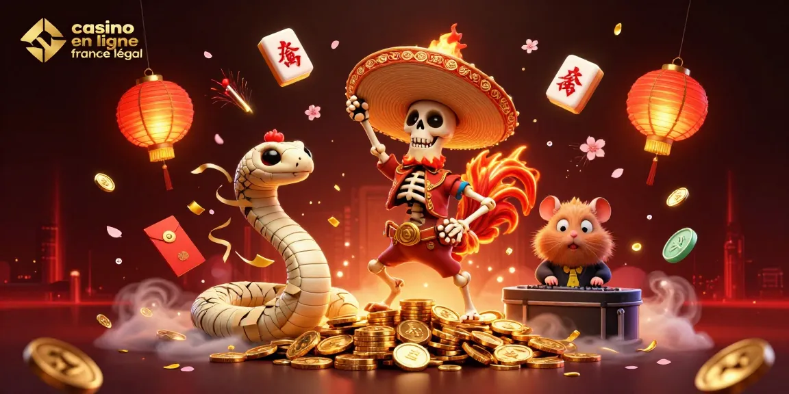 Illustration captivante pour casino en ligne légal en France, un danseur mariachi, serpent momifié et DJ hamster.