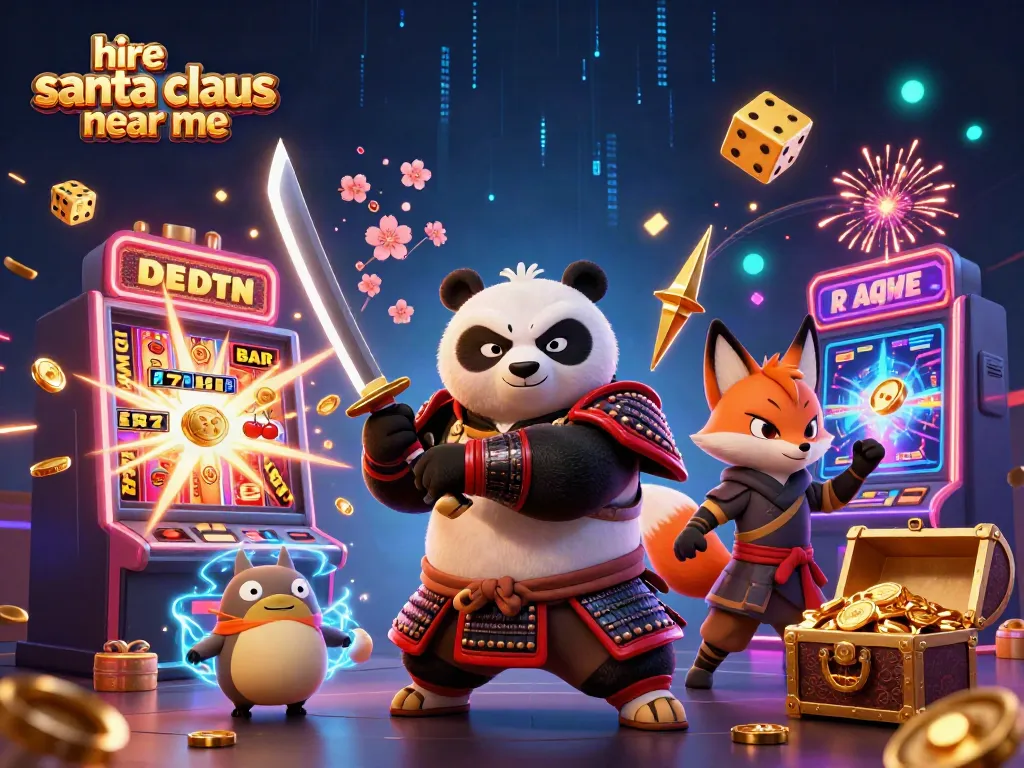 Experience the fun when you hire Santa Claus near me, featuring vibrant 3D casino theme elements.