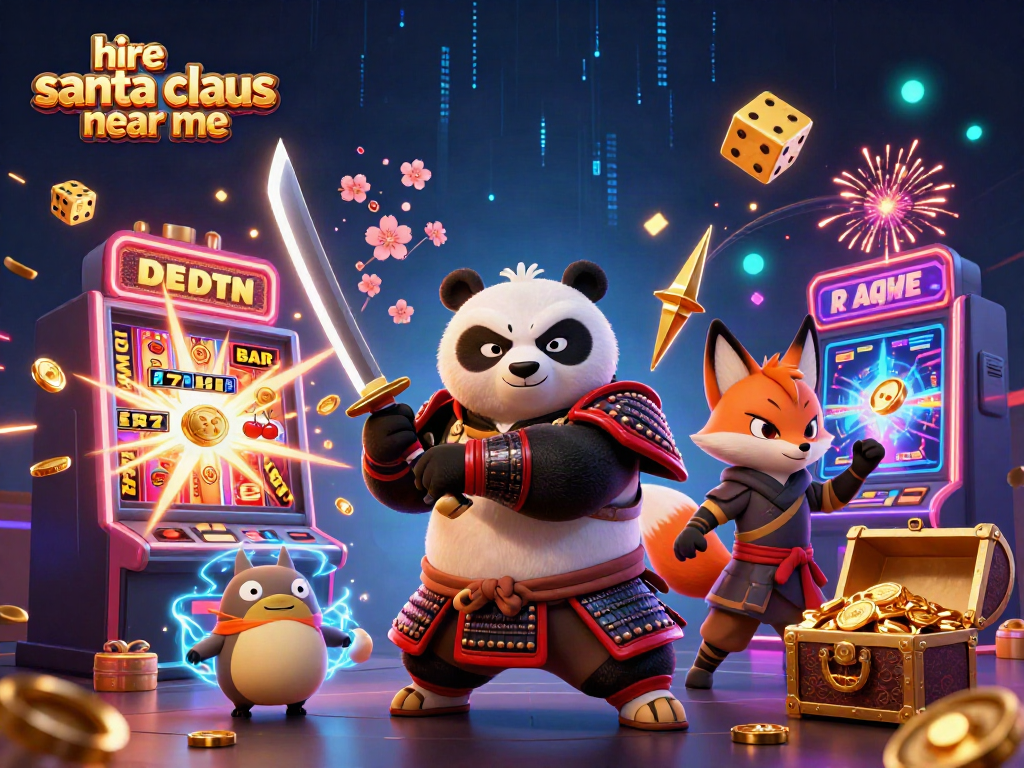Experience the fun when you hire Santa Claus near me, featuring vibrant 3D casino theme elements.