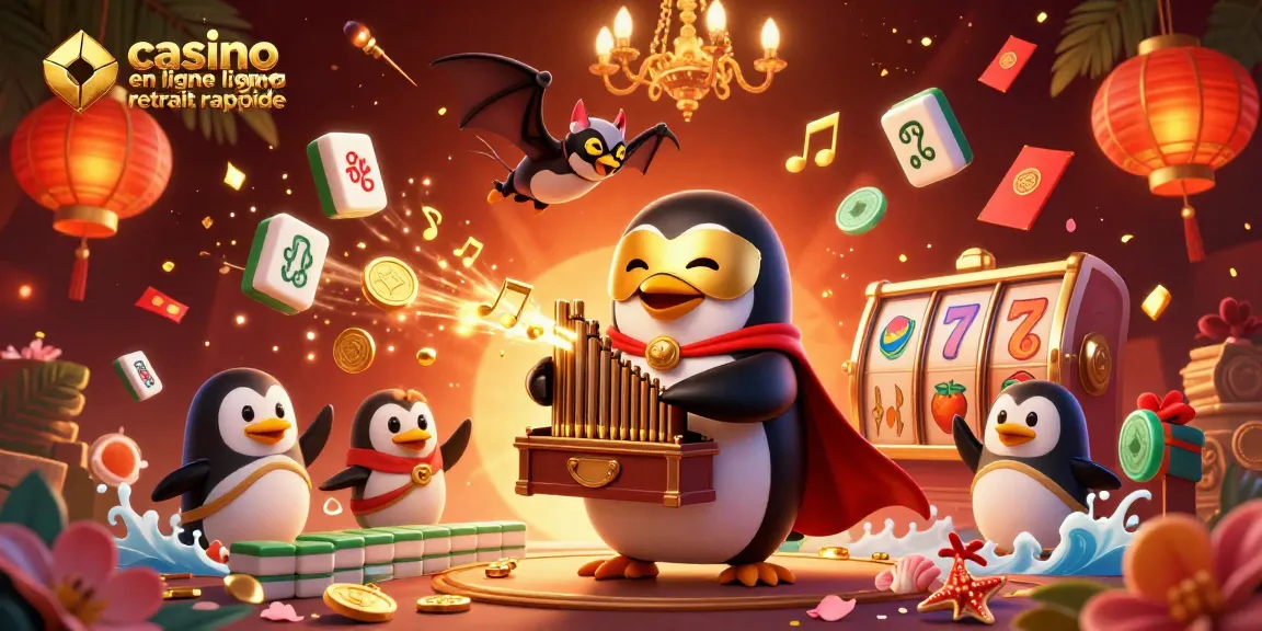 Illustration colorée représentant un casino en ligne retrait rapide avec un pingouin jouant de l'orgue qui dégage des pièces d'or.