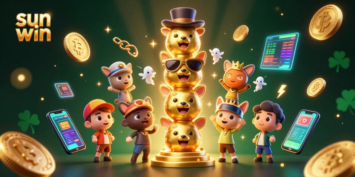 Experience the thrill of sun win in this vibrant 3D casino illustration featuring dynamic characters and cryptocurrency elements.
