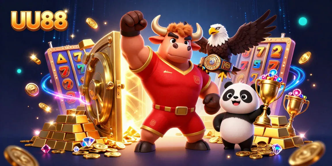 Experience thrilling jackpots with UU88's vibrant 3D casino illustration showcasing victories and treasures.