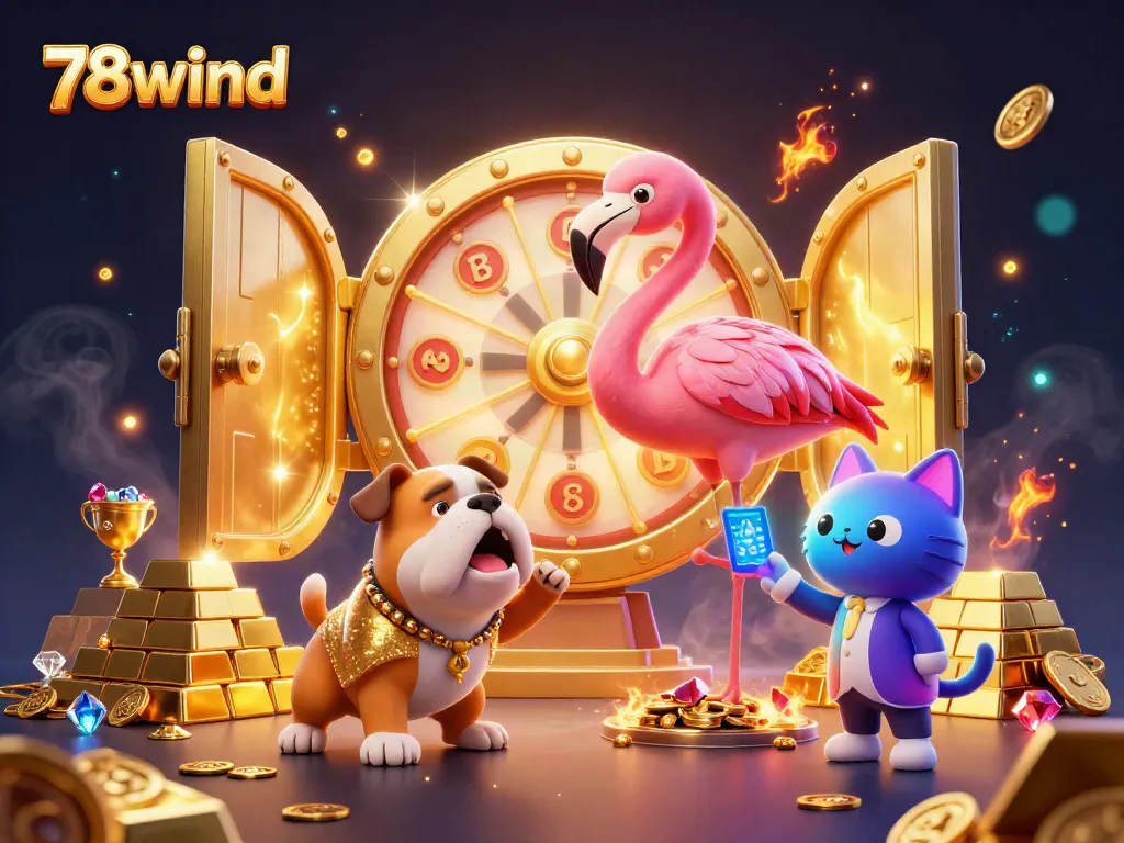 Experience the excitement of 78wind casino with a dazzling prize wheel and lively characters.
