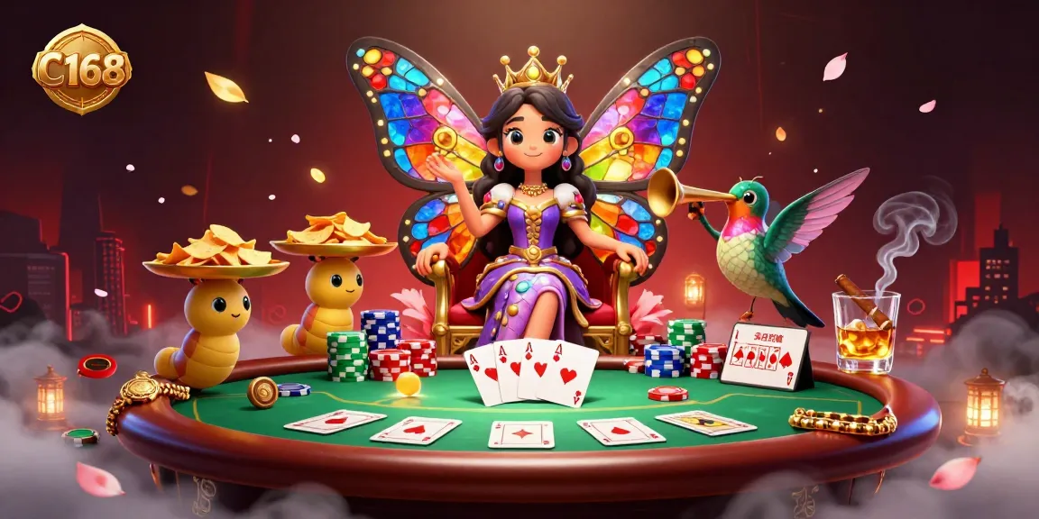 C168's vibrant casino scene featuring a butterfly queen amidst poker chips, cards, and golden flourishes for gamblers.