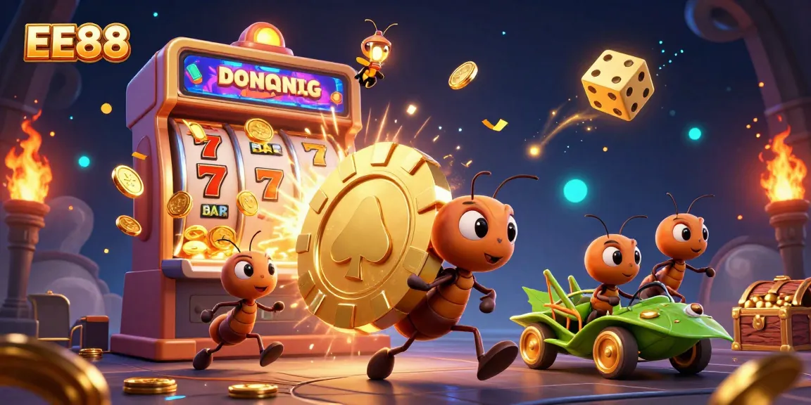 EE88's vibrant casino scene featuring ants in heist, slot machine jackpot explosion.
