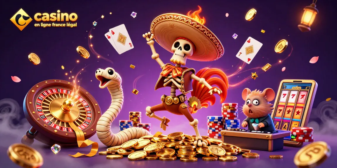Événement festif au casino en ligne France légal, avec des personnages animés et des jetons scintillants.