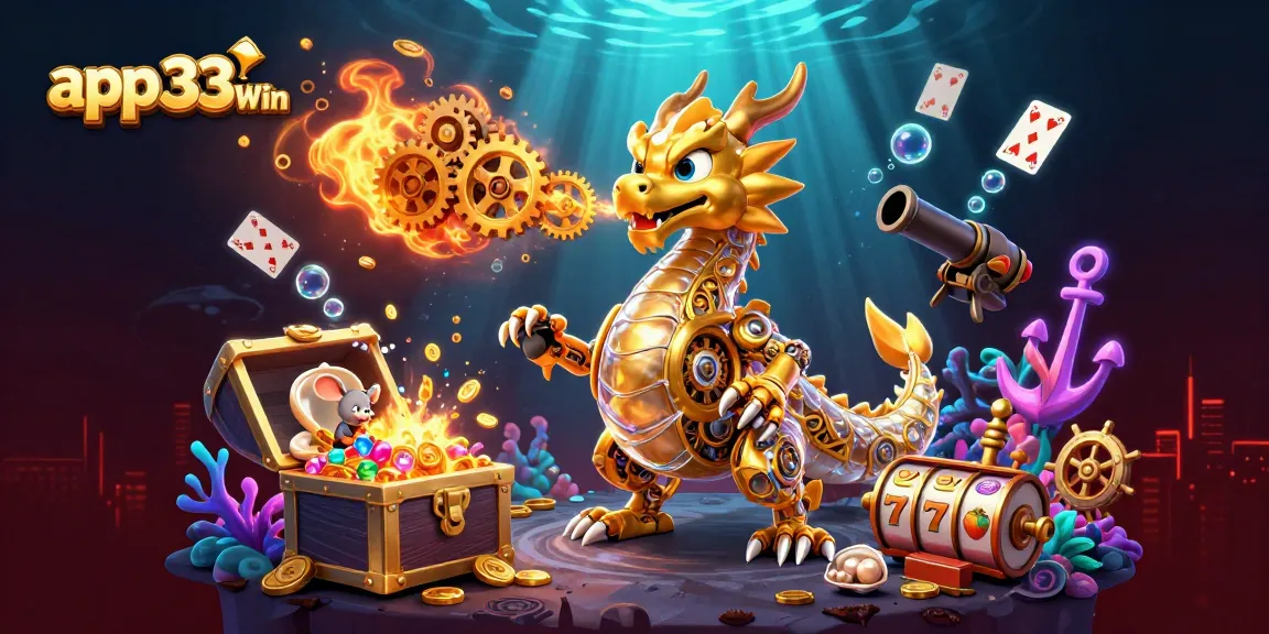 Engage with app 33Win: a vibrant gaming experience featuring a golden dragon and dynamic casino elements.
