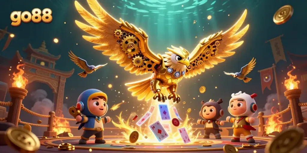Experience the thrill of go88 with cybernetic eagle soaring through holographic cards in a vibrant gambling scene.