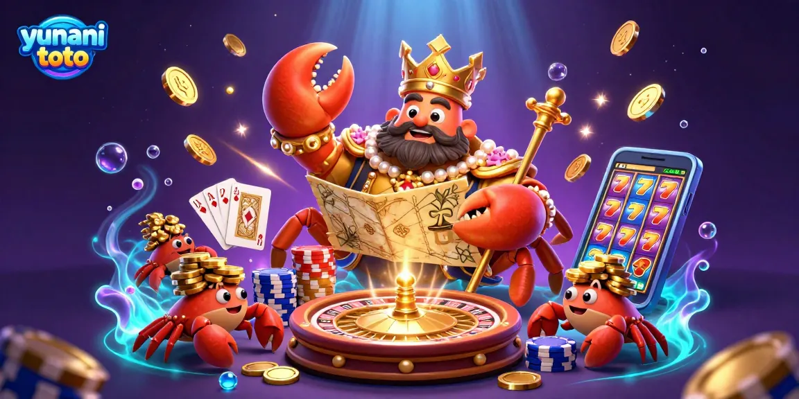 Experience the excitement of yunani toto with dazzling casino elements and a majestic crab emperor.