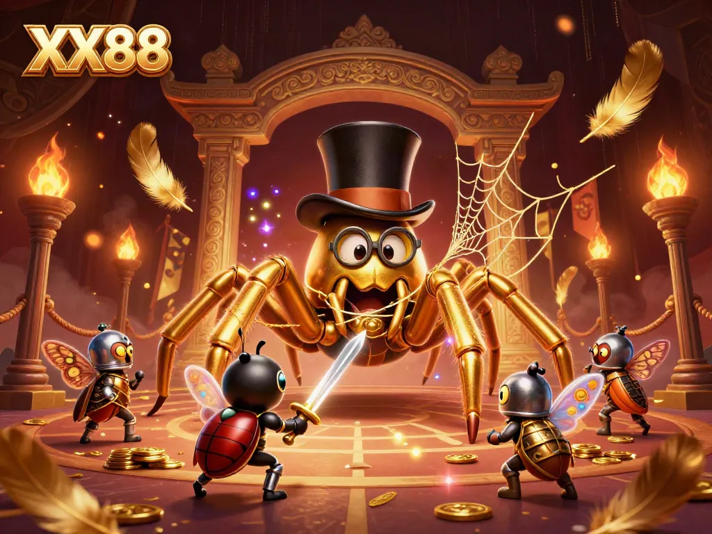 Experience the excitement of XX88 in this dynamic casino-themed illustration featuring a golden tarantula and beetle knight.