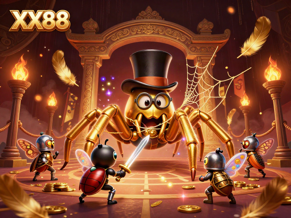 Experience the excitement of XX88 in this dynamic casino-themed illustration featuring a golden tarantula and beetle knight.
