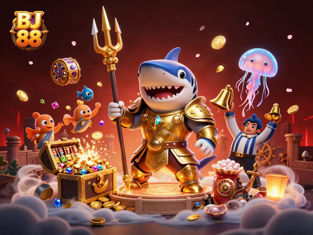 Experience the excitement of BJ 88 with a 3D cartoon shark gladiator in a vibrant casino underwater scene.