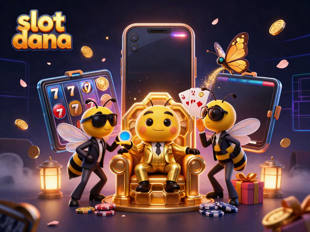 Animasi ilustrasi 3D "slot dana" dengan karakter serangga dalam tema kasino dan elemen permainan yang beragam.