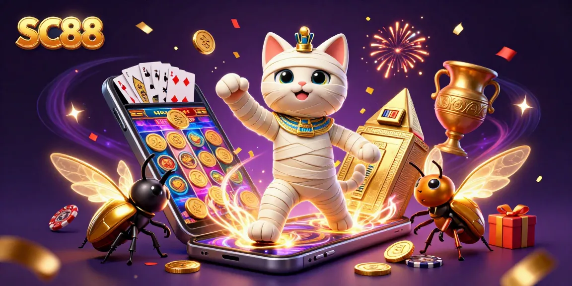 Unleash excitement with SC88 through the stunning casino-themed 3D illustration featuring an Egyptian mummy cat.