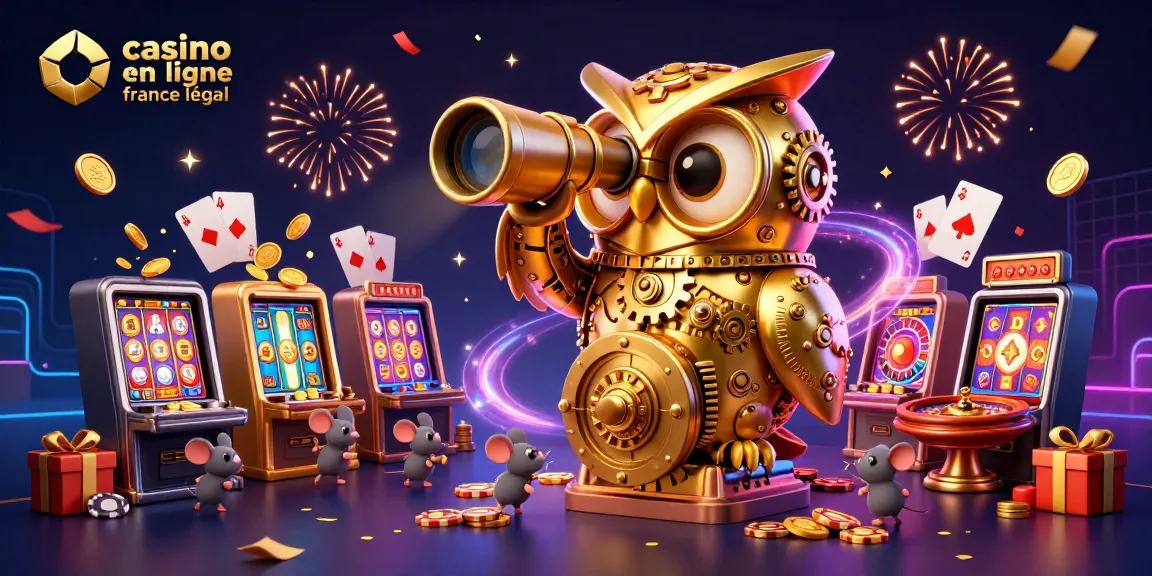 Célébrez le casino en ligne France légal avec une illustration animée d'une chouette dorée et des souris volantes parmi des machines à sous.
