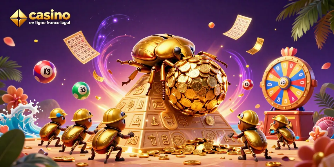 Découvrez le monde du casino en ligne France légal avec cette illustration d'un scarabée doré et des éléments de loterie.