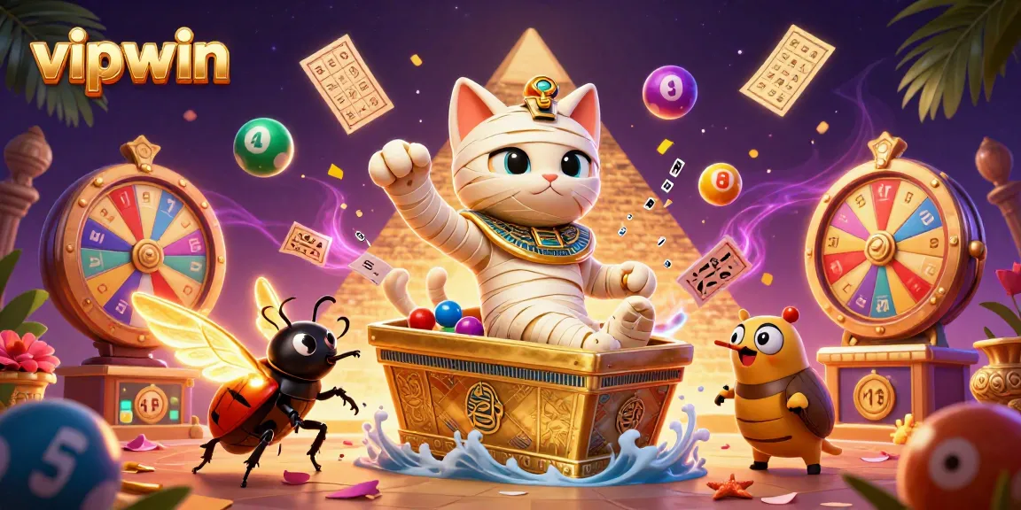 Experience the excitement of vipwin with the Egyptian mummy cat bursting out of a golden sarcophagus while lottery balls rain down.