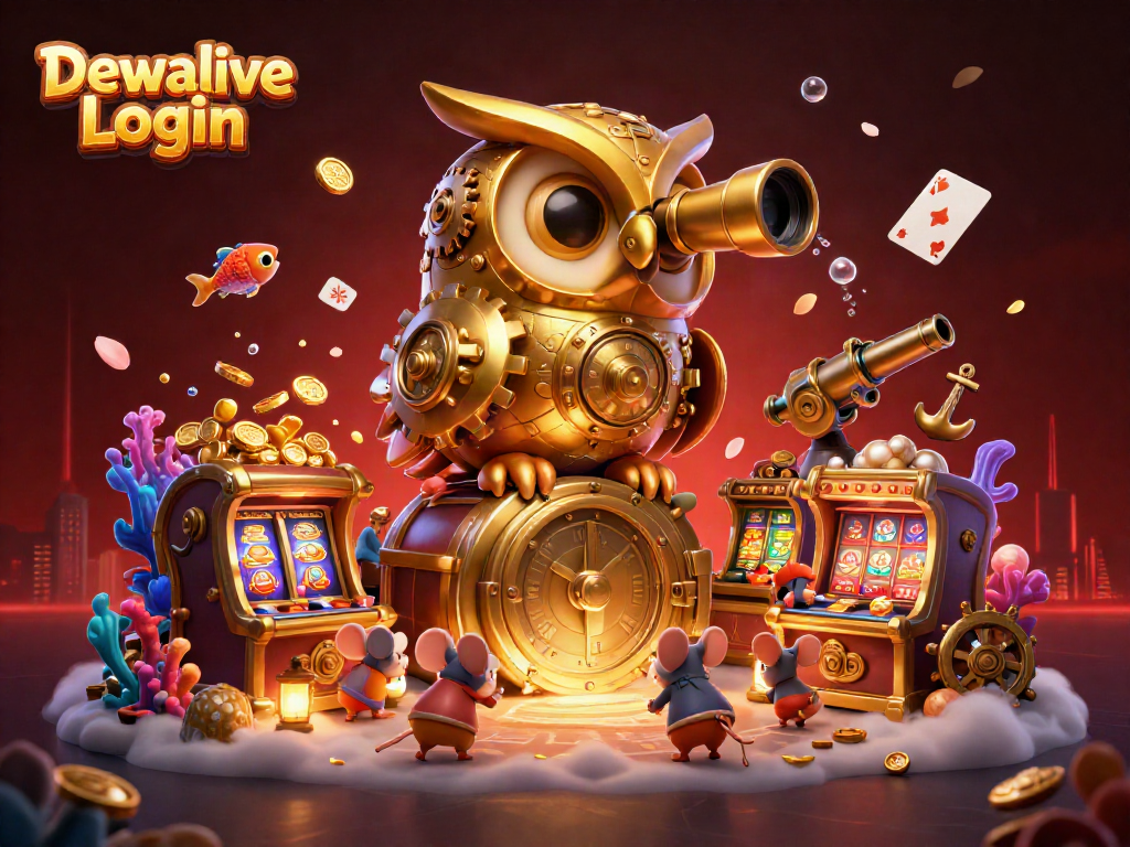 Dewalive Login access scene with animated characters engaging in a vibrant casino atmosphere featuring slot machines.