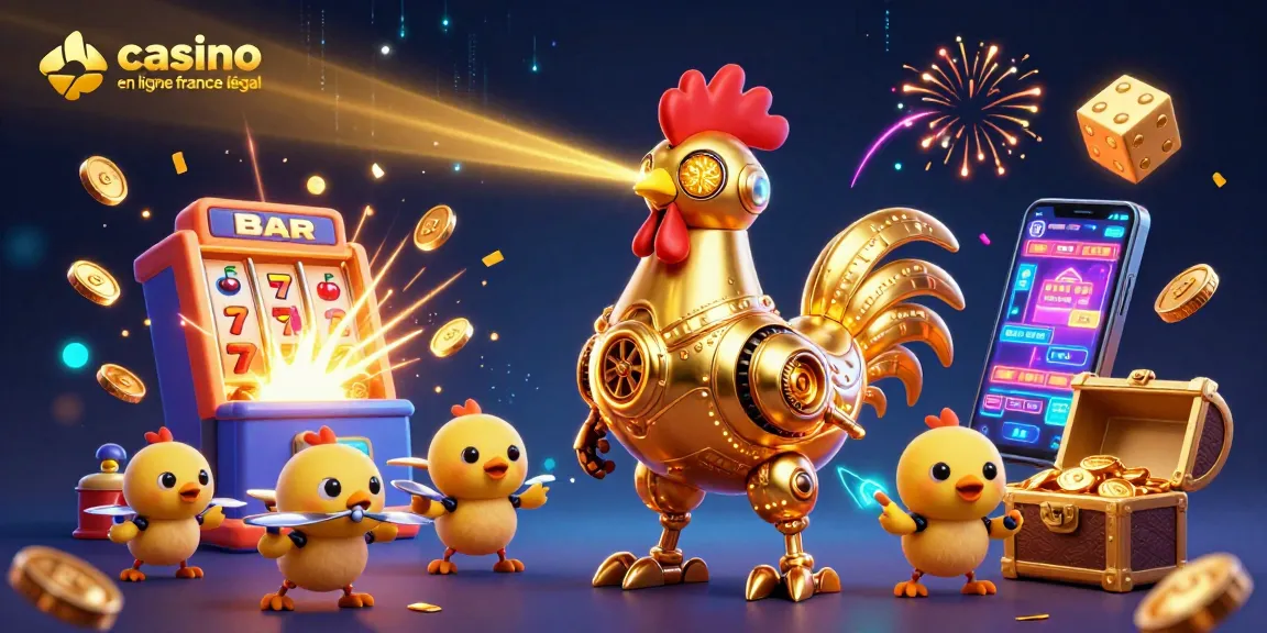 Illustration dynamique de casino en ligne légal en France avec des personnages robotiques et des machines à sous excitantes.