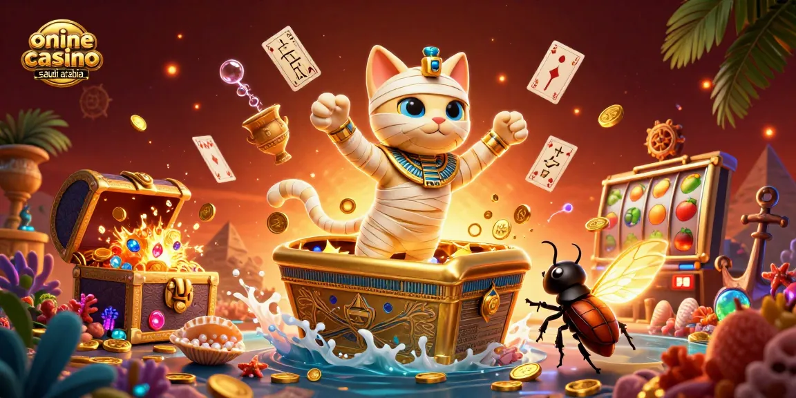 Engage with the vibrant world of online casino Saudi Arabia featuring a dynamic mummy cat in a lively pyramid scene.
