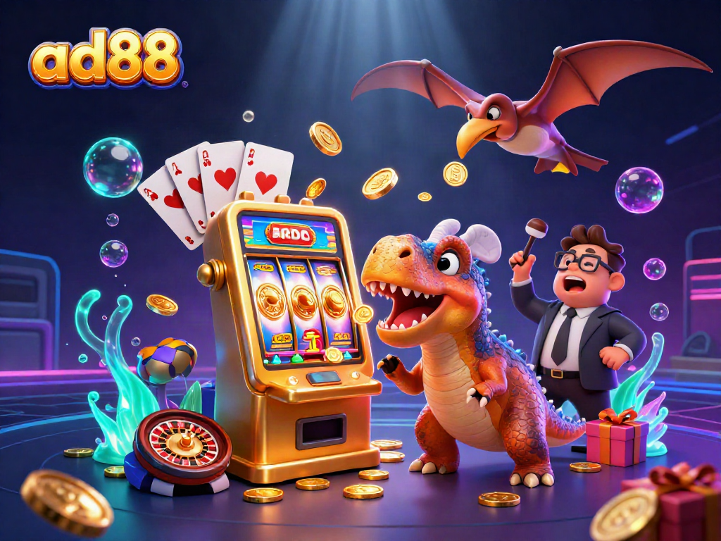 ad88 jackpot scene with pachycephalosaurus and golden slot machine amidst flying coins