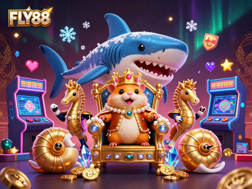 FLY88 offers vibrant casino gaming with a golden hamster king and colorful arcade elements.