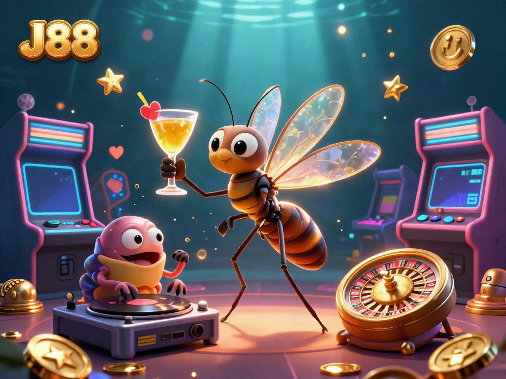 Experience J88 with vibrant casino characters in a colorful digital illustration.