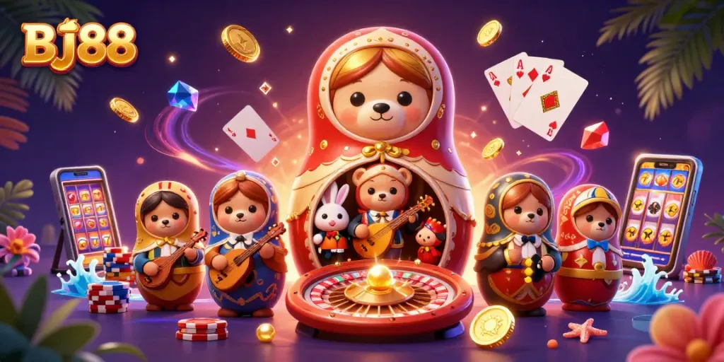 Experience exciting games at BJ88 Casino with vibrant bears, coins, and dynamic gaming elements.