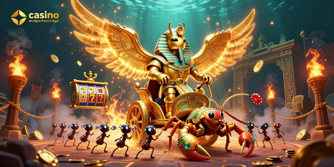 Jeu captivant dans un casino en ligne France légal avec un scarabée doré incandescente et des jetons de poker.
