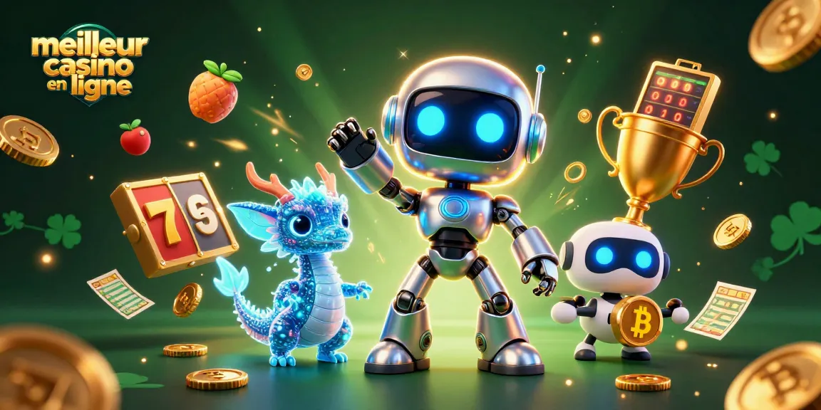 Découvrez le meilleur casino en ligne avec cette illustration dynamique mêlant robots cybernétiques et éléments de jeu captivants.