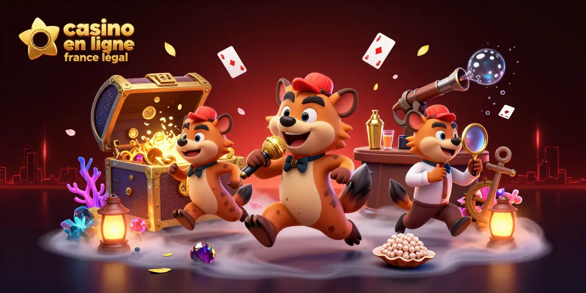 Scène animée avec des hyènes faisant un stand-up au casino en ligne légal en France.
