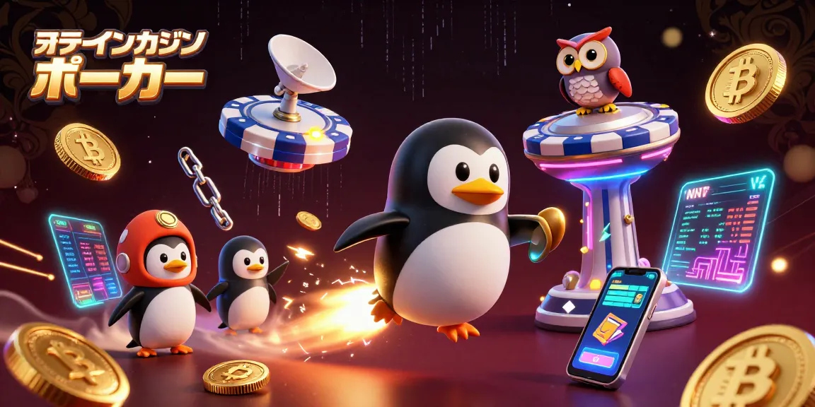 オンラインカジノ ポーカーで楽しむ、宇宙を駆け抜ける黄金ペンギンのイラスト