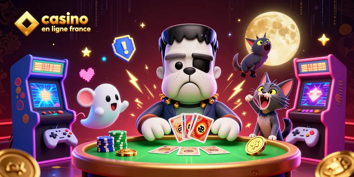Jouez au casino en ligne France avec un bulldog Frankenstein cartoon, des jeux et une ambiance dynamique.