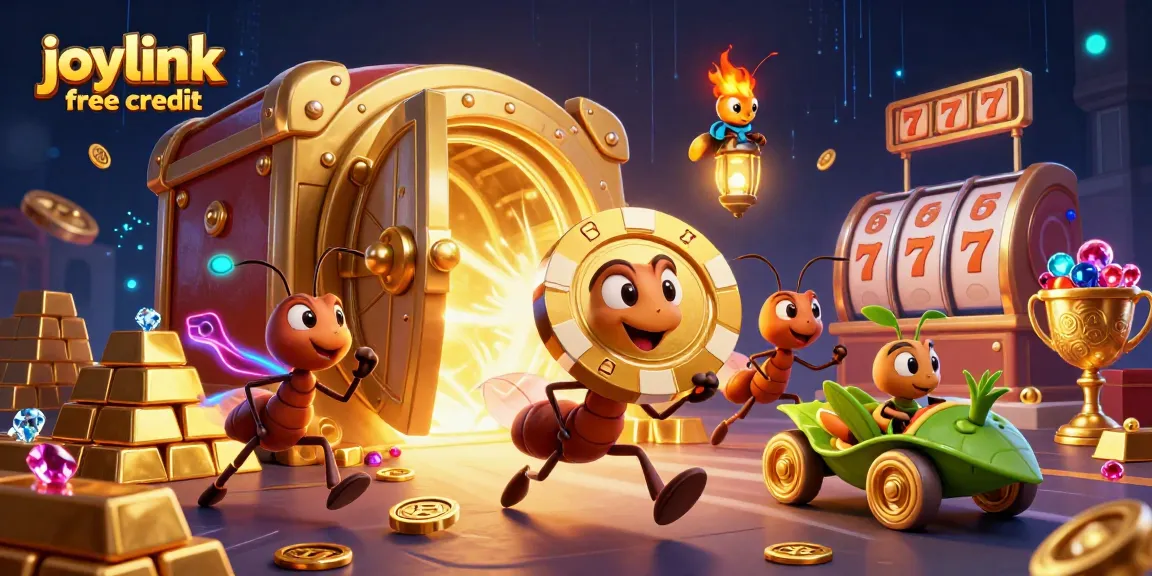 Ants carry joylink free credit poker chip through a vibrant casino heist scene, filled with gems and riches.