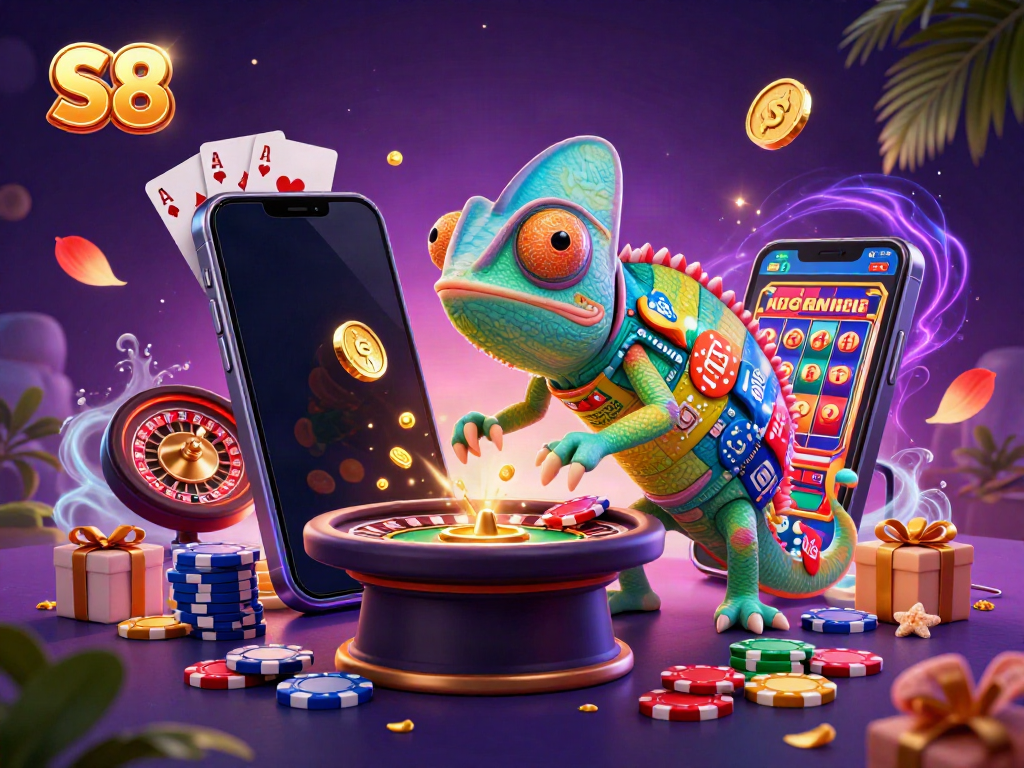S8 casino experience featuring a vibrant cartoon chameleon owner capturing attention with golden coins amidst dynamic gaming elements.