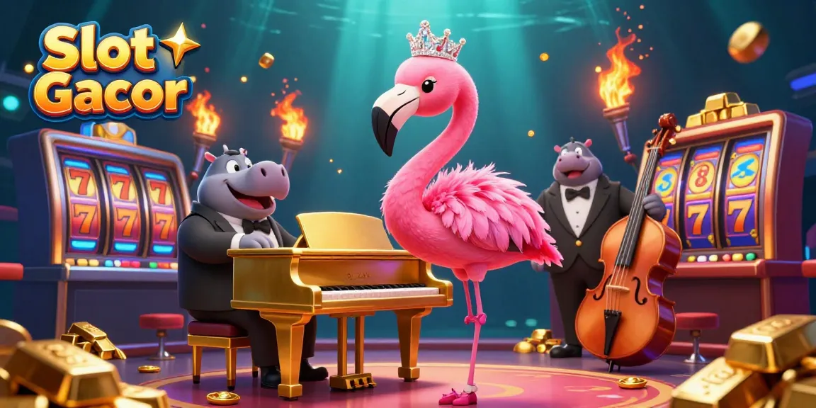 Game seru Slot Gacor dengan flamingo penyanyi kasino dan pemain hippo di piano sambil meriahkan suasana jackpot.